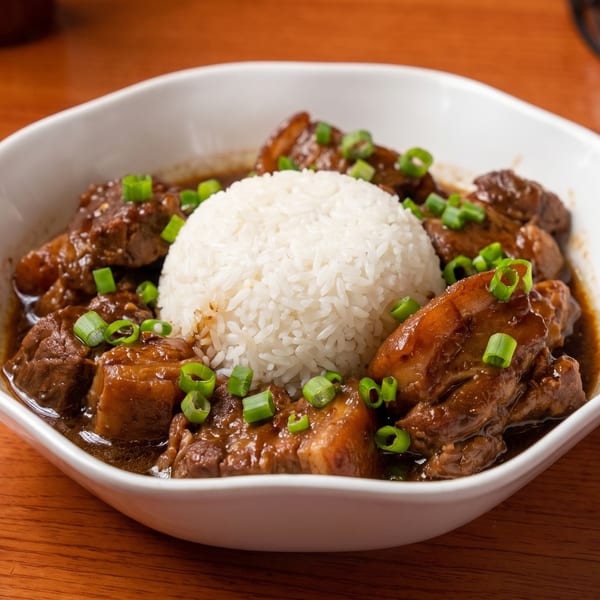 A white bowl of Filipino pork adobo with rice and green onions on a wooden table.