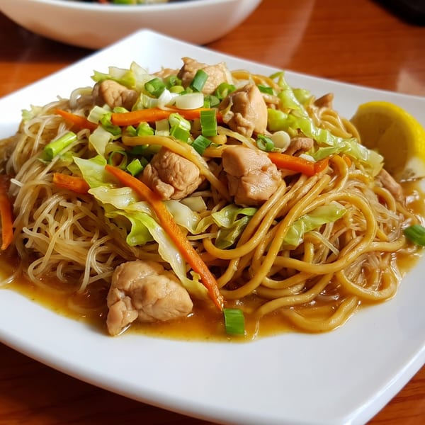 A plate of pancit bihon with chicken, cabbage, carrots, and green onions, garnished with a lemon wedge.